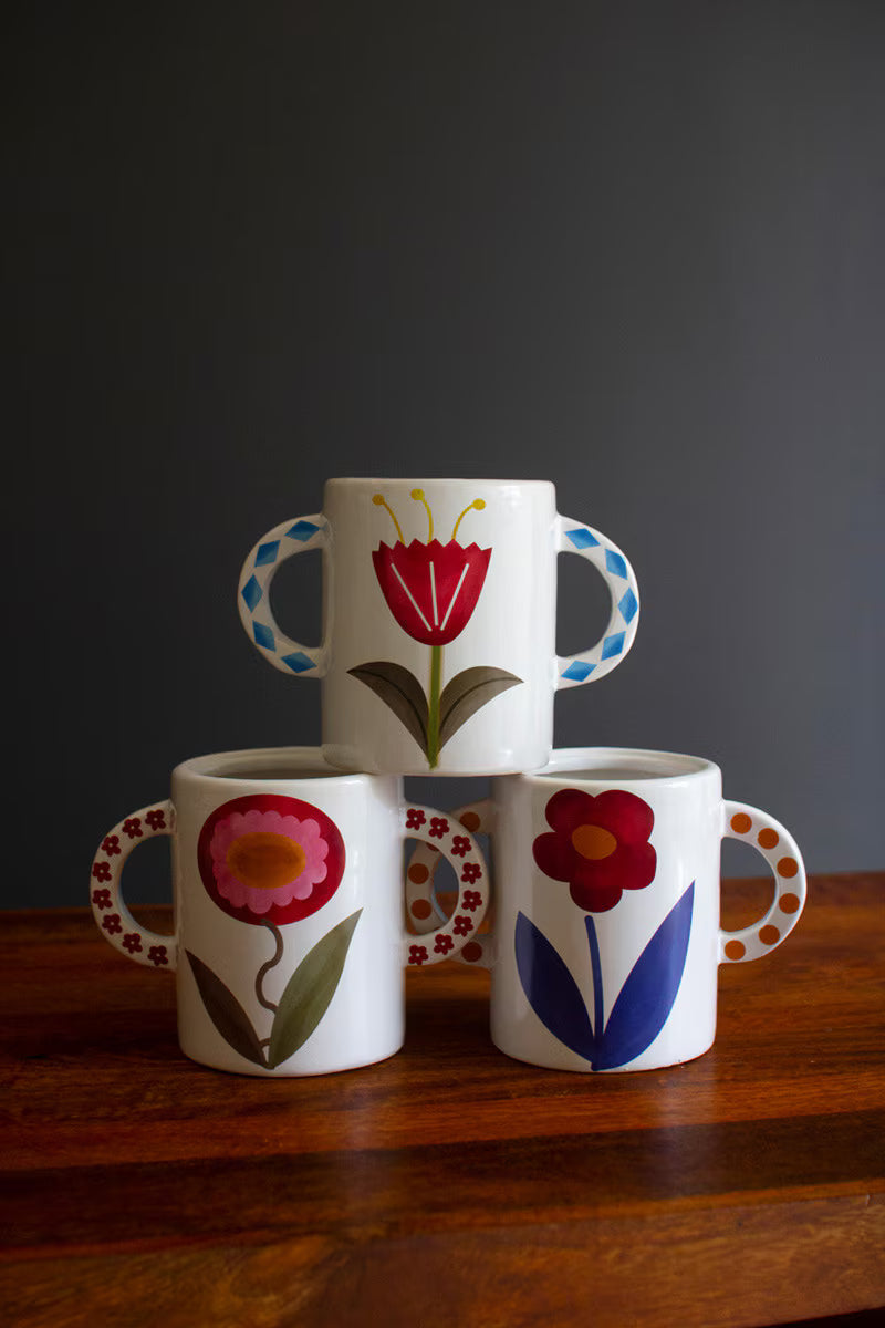 Set of 3 Ceramic Double Handle Vases with Flower Detail