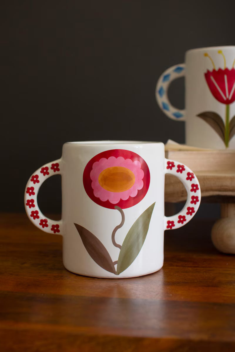 Set of 3 Ceramic Double Handle Vases with Flower Detail