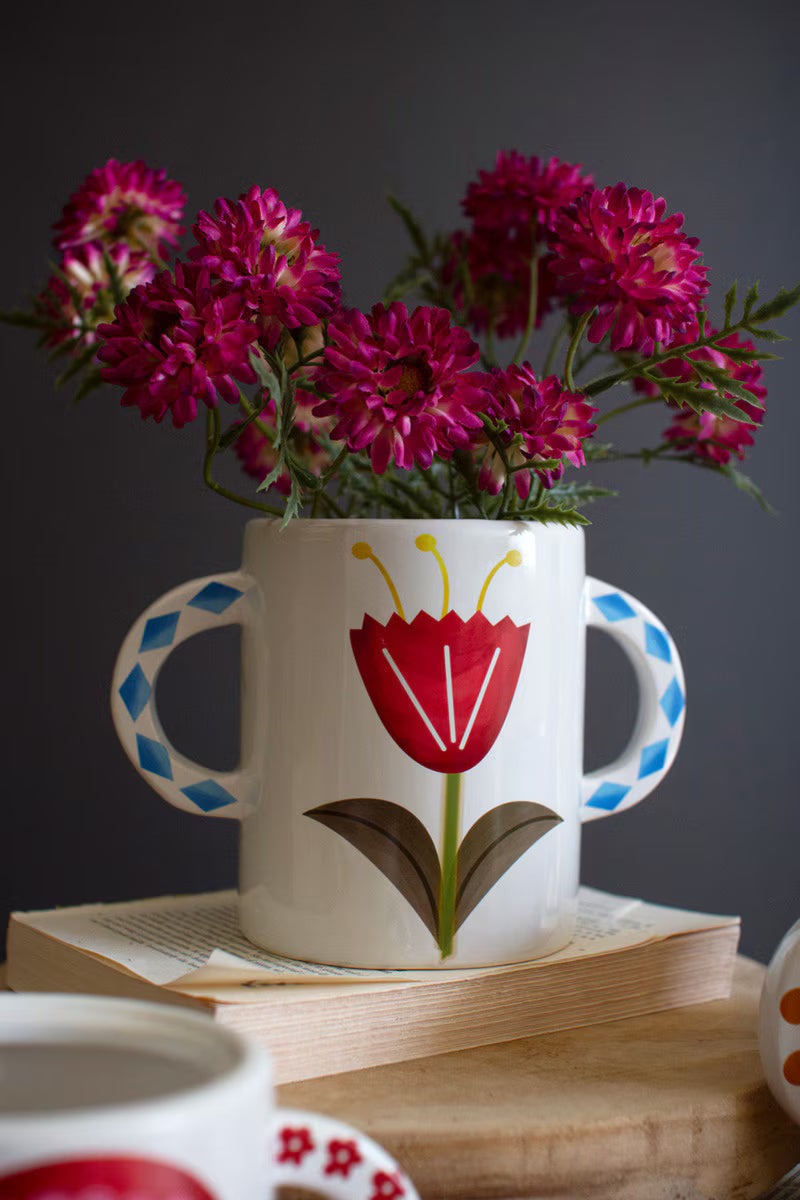 Set of 3 Ceramic Double Handle Vases with Flower Detail