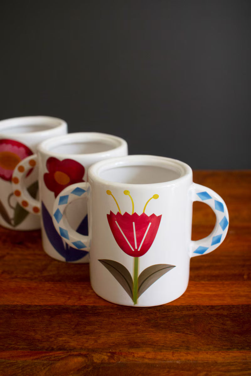 Set of 3 Ceramic Double Handle Vases with Flower Detail
