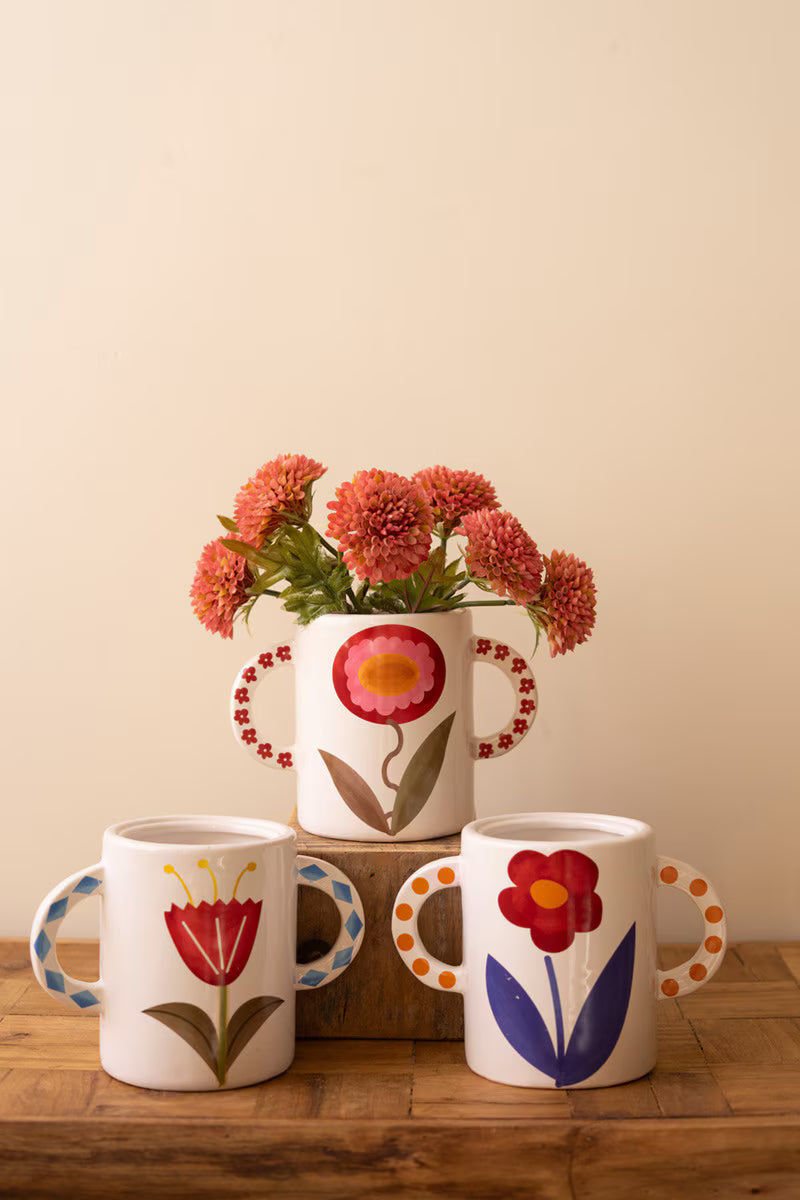 Set of 3 Ceramic Double Handle Vases with Flower Detail