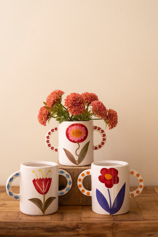 Set of 3 Ceramic Double Handle Vases with Flower Detail