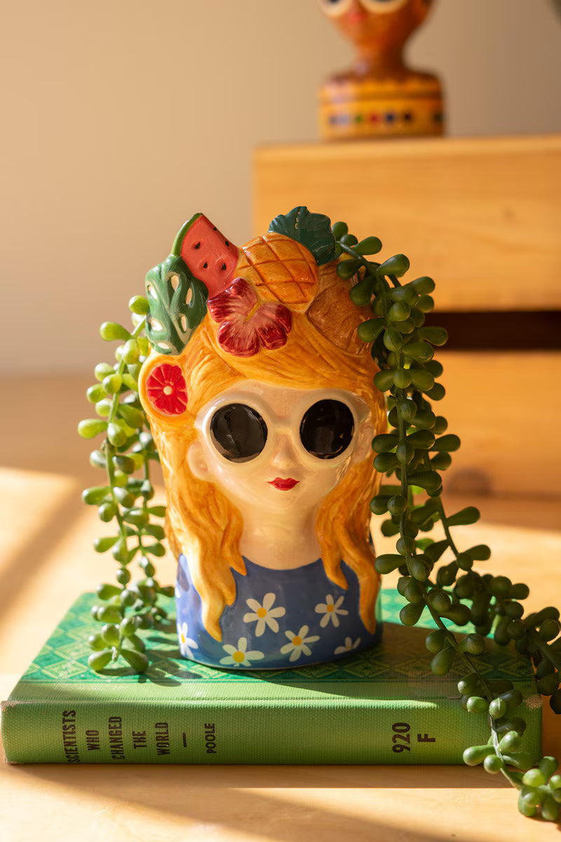 Set of 3 Ceramic Lady Vases with Fruit Hats