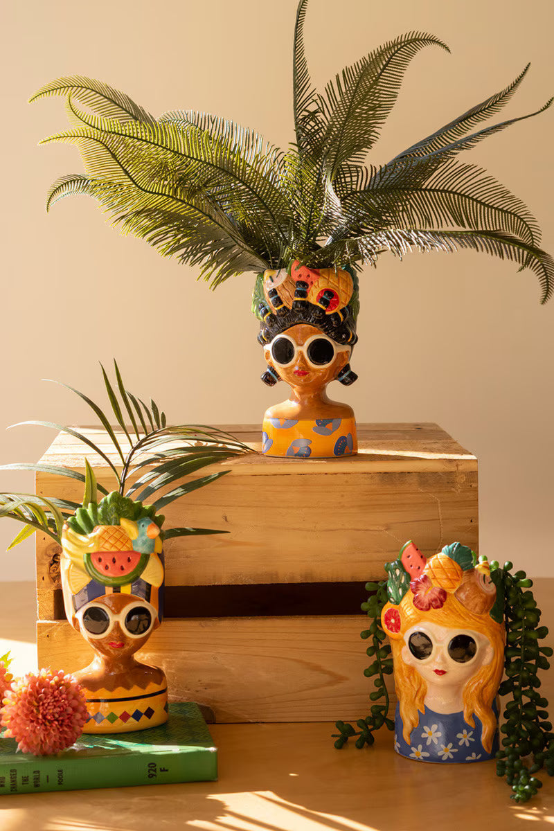 Set of 3 Ceramic Lady Vases with Fruit Hats