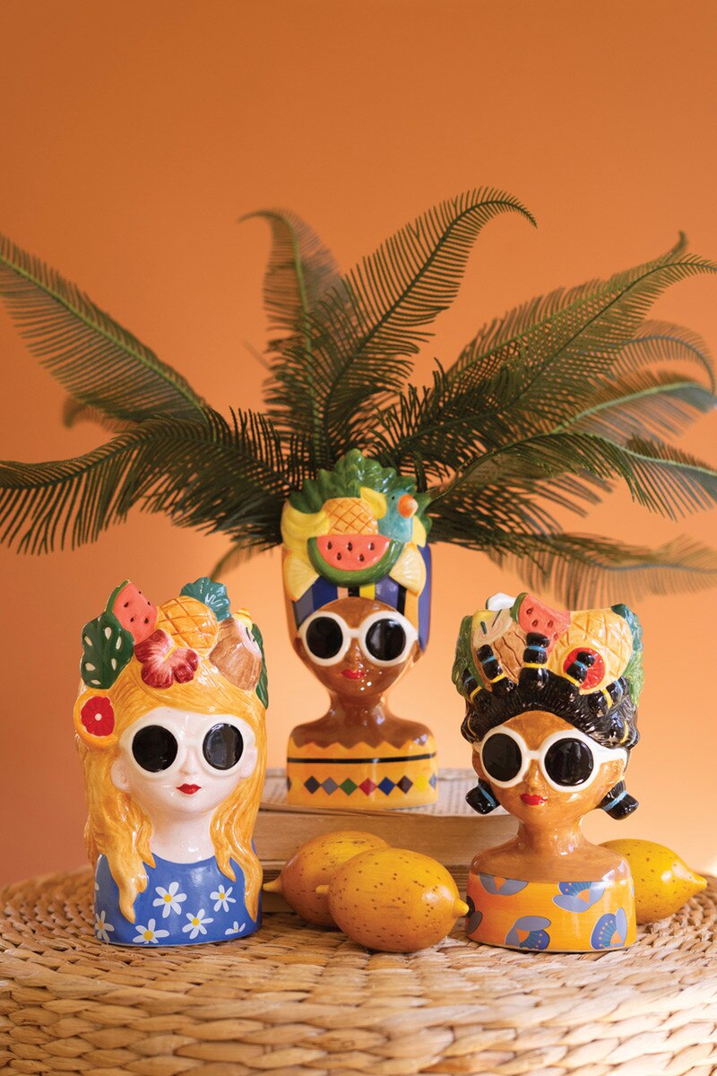 Set of 3 Ceramic Lady Vases with Fruit Hats