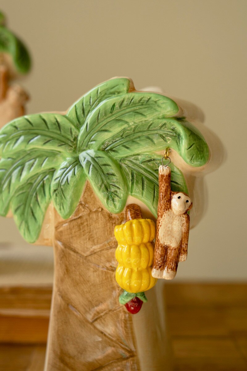 Set of 2 Ceramic Palm Tree Vases with Dangling Monkeys