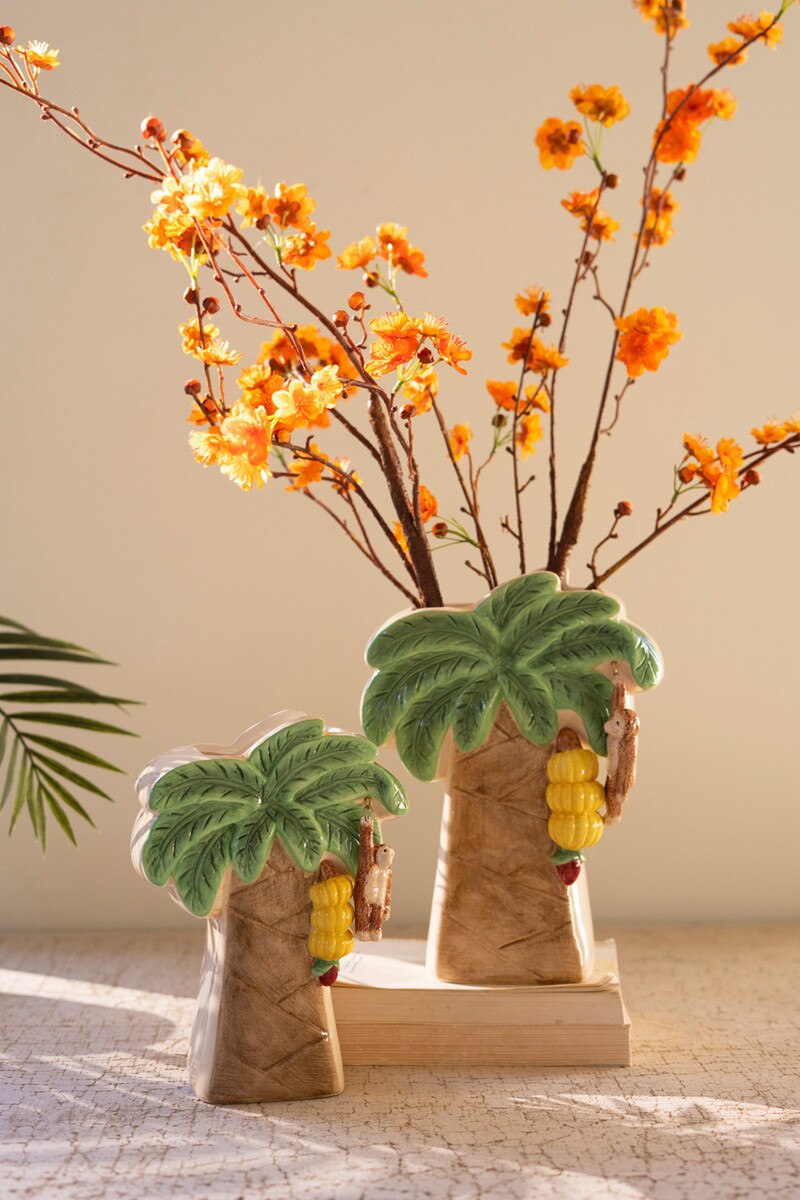 Set of 2 Ceramic Palm Tree Vases with Dangling Monkeys