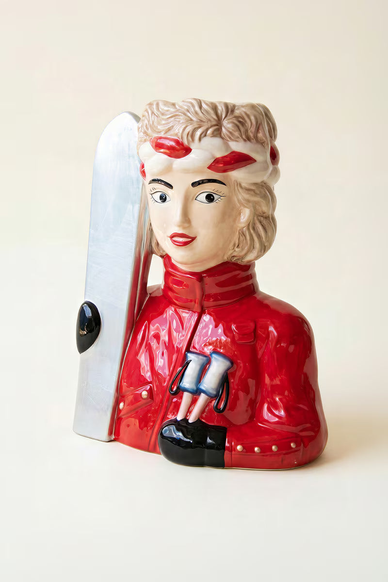 Large Ceramic Snow Skier Woman Vase