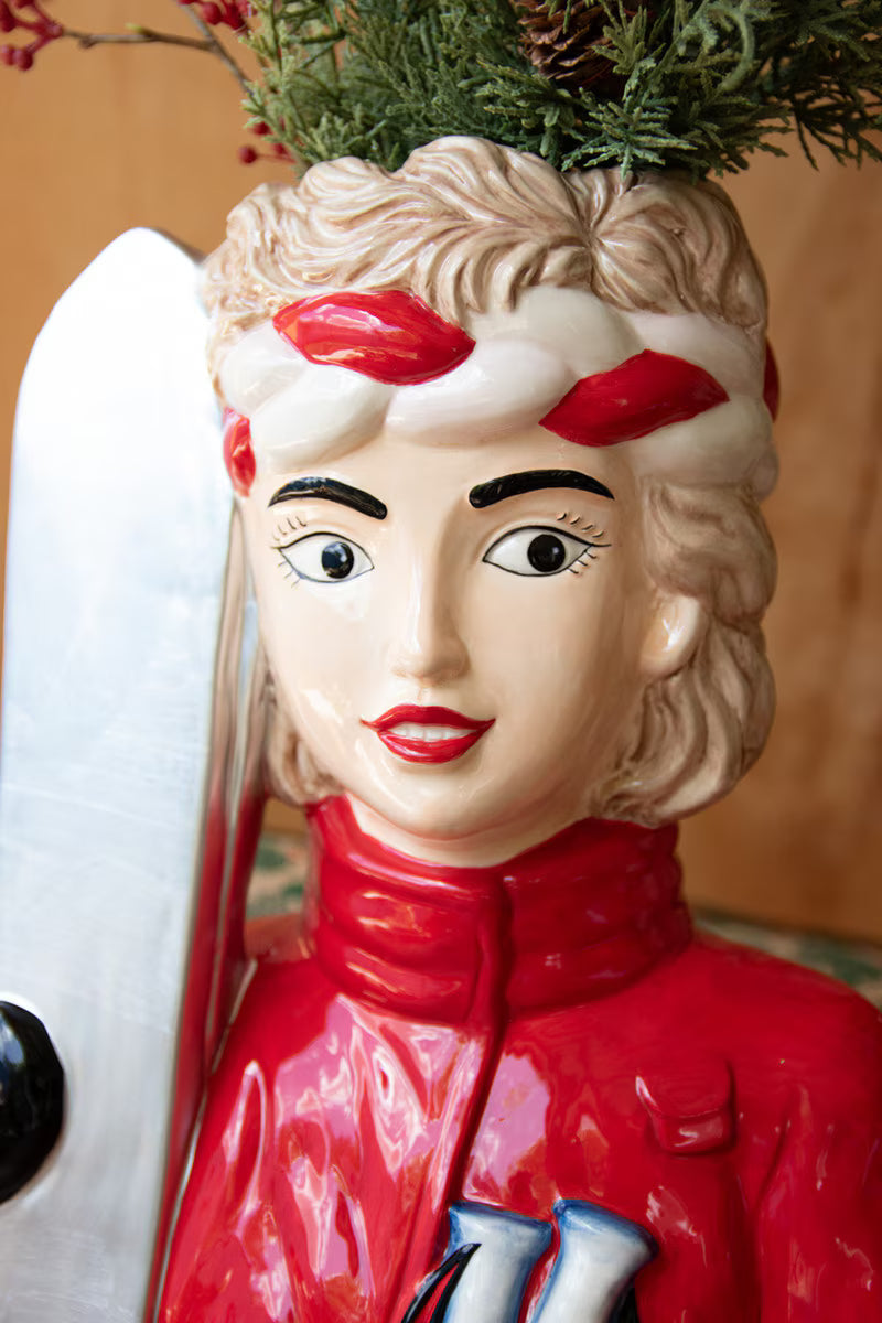 Large Ceramic Snow Skier Woman Vase