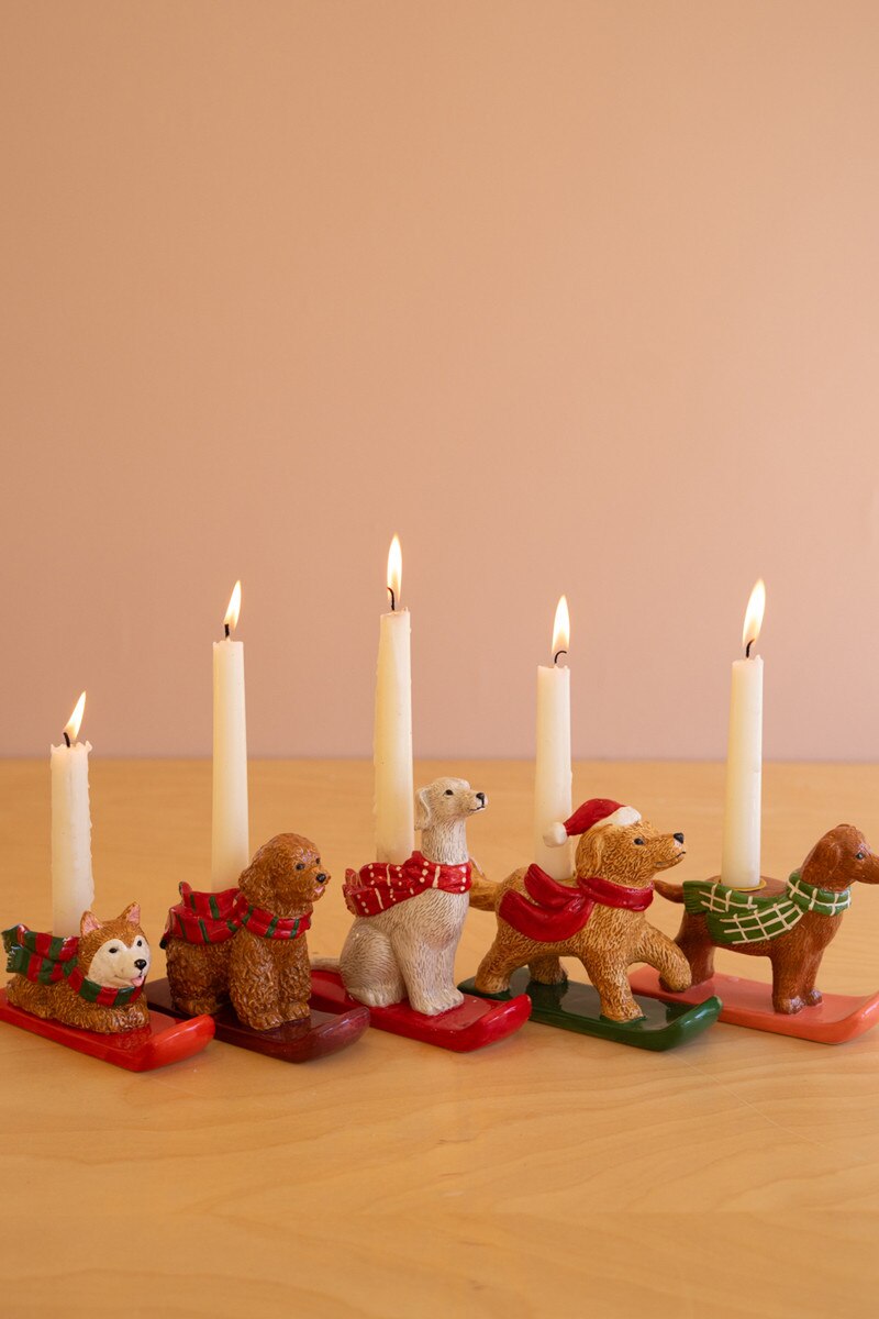 Set of 5 Ceramic Christmas Dog Taper Candle Holders