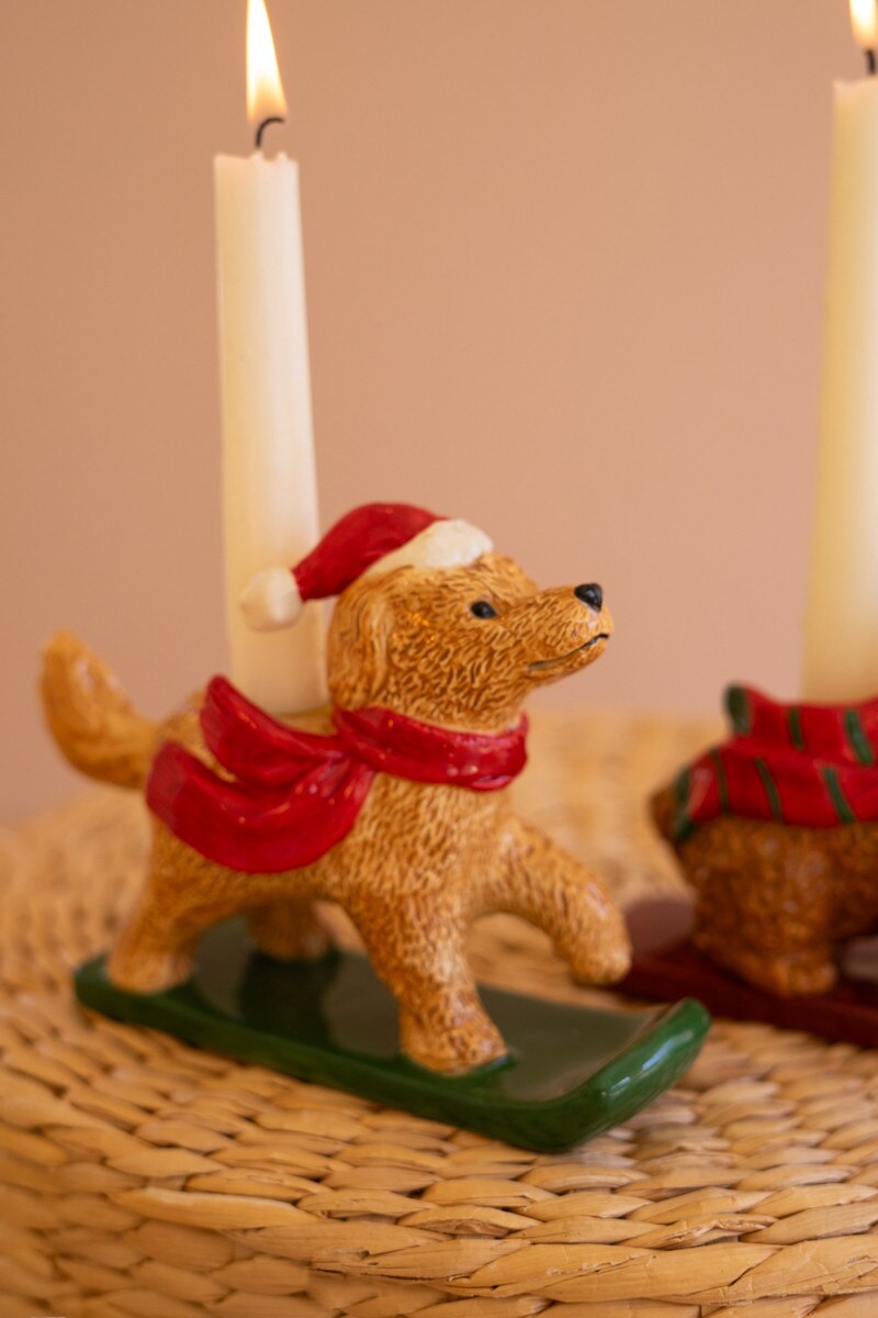 Set of 5 Ceramic Christmas Dog Taper Candle Holders