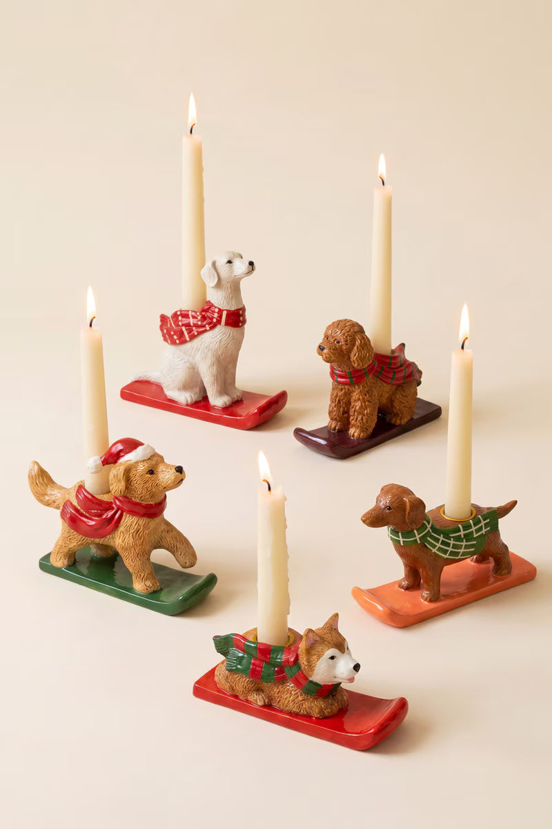 Set of 5 Ceramic Christmas Dog Taper Candle Holders