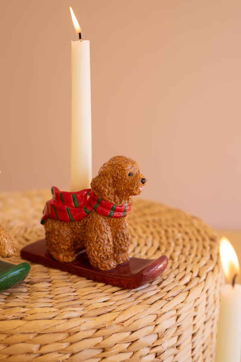 Set of 5 Ceramic Christmas Dog Taper Candle Holders