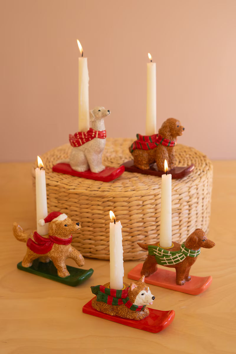 Set of 5 Ceramic Christmas Dog Taper Candle Holders