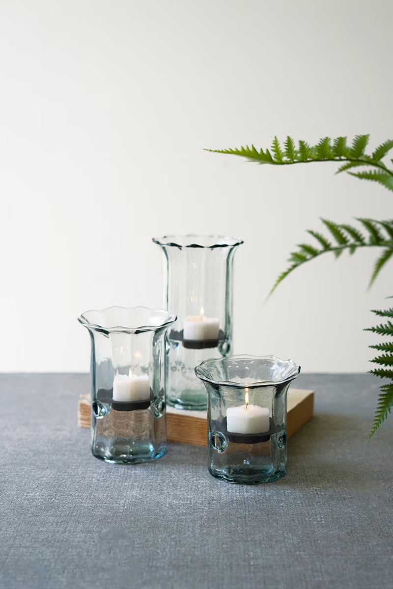 Set of 3 Recycled Glass Ribbed Votive Cylinders