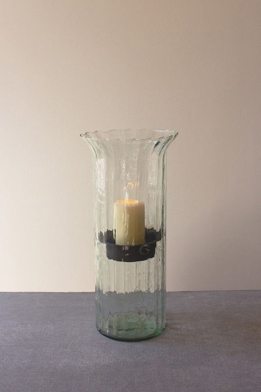 Large Ribbed Glass Candle Cylinder with Rustic Insert