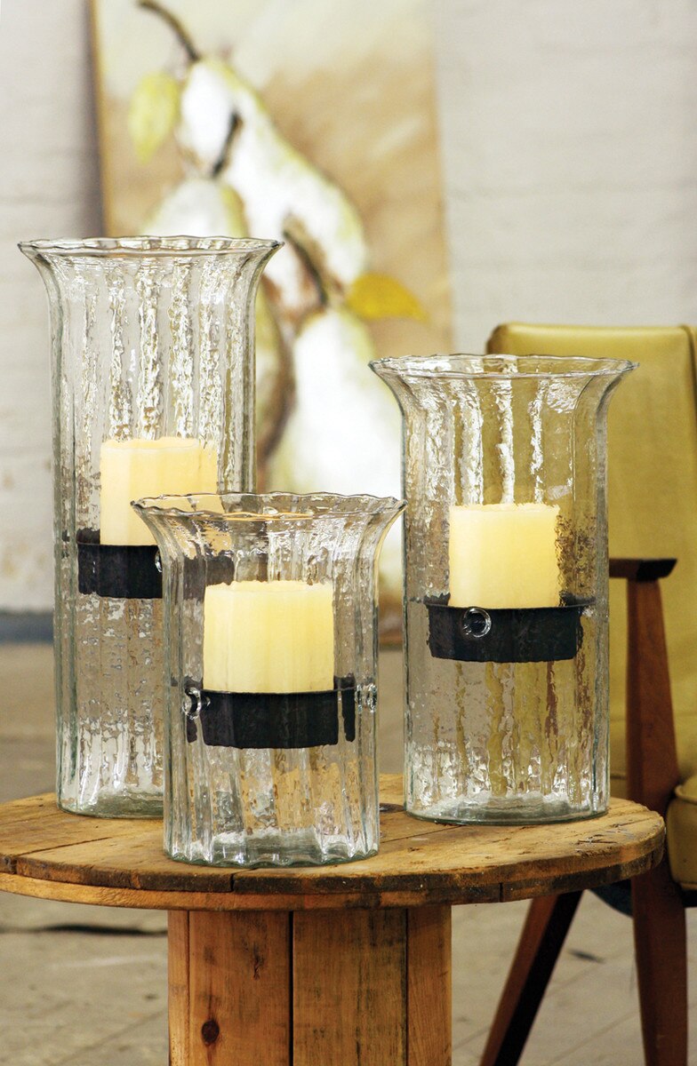 Large Ribbed Glass Candle Cylinder with Rustic Insert