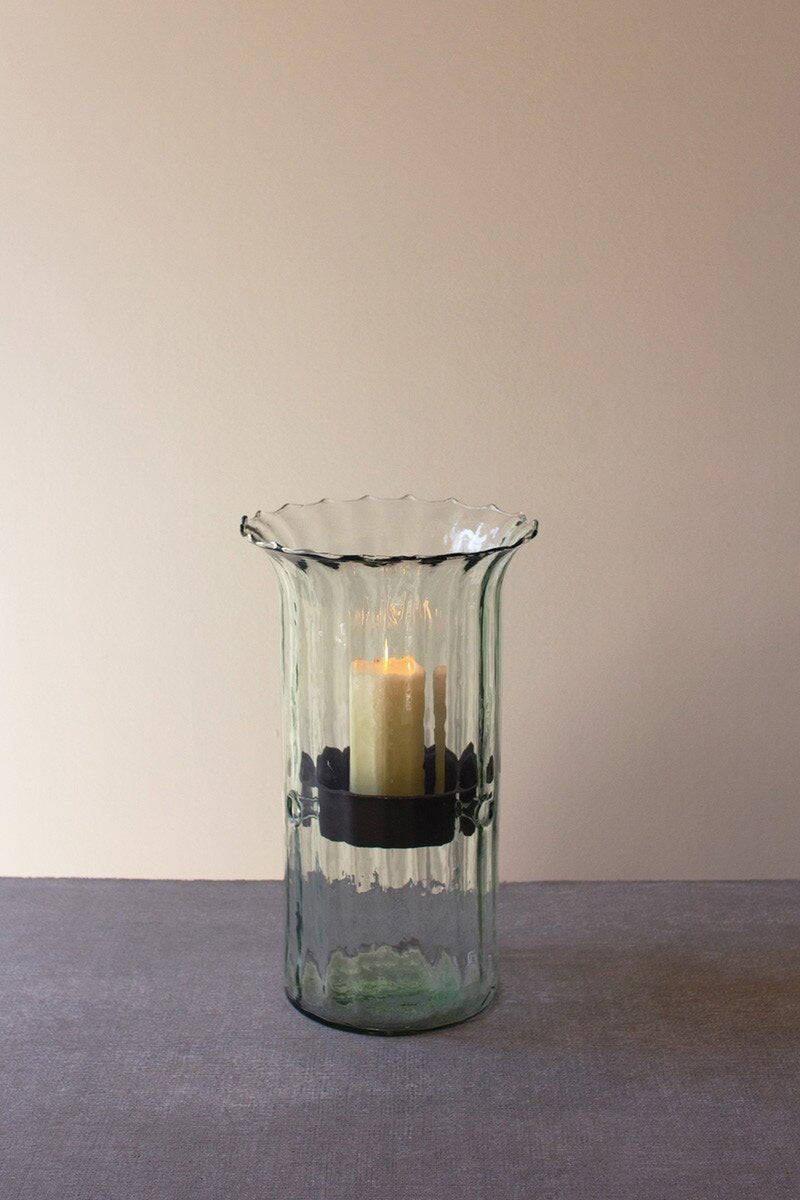 Medium Ribbed Glass Candle Cylinder with Rustic Insert