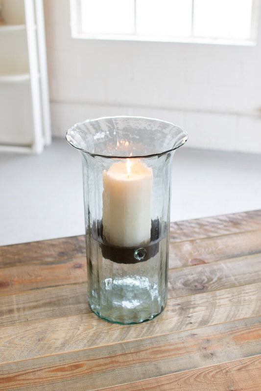 Medium Ribbed Glass Candle Cylinder with Rustic Insert