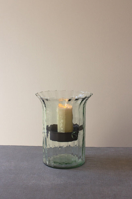 Small Ribbed Glass Candle Cylinder with Rustic Insert