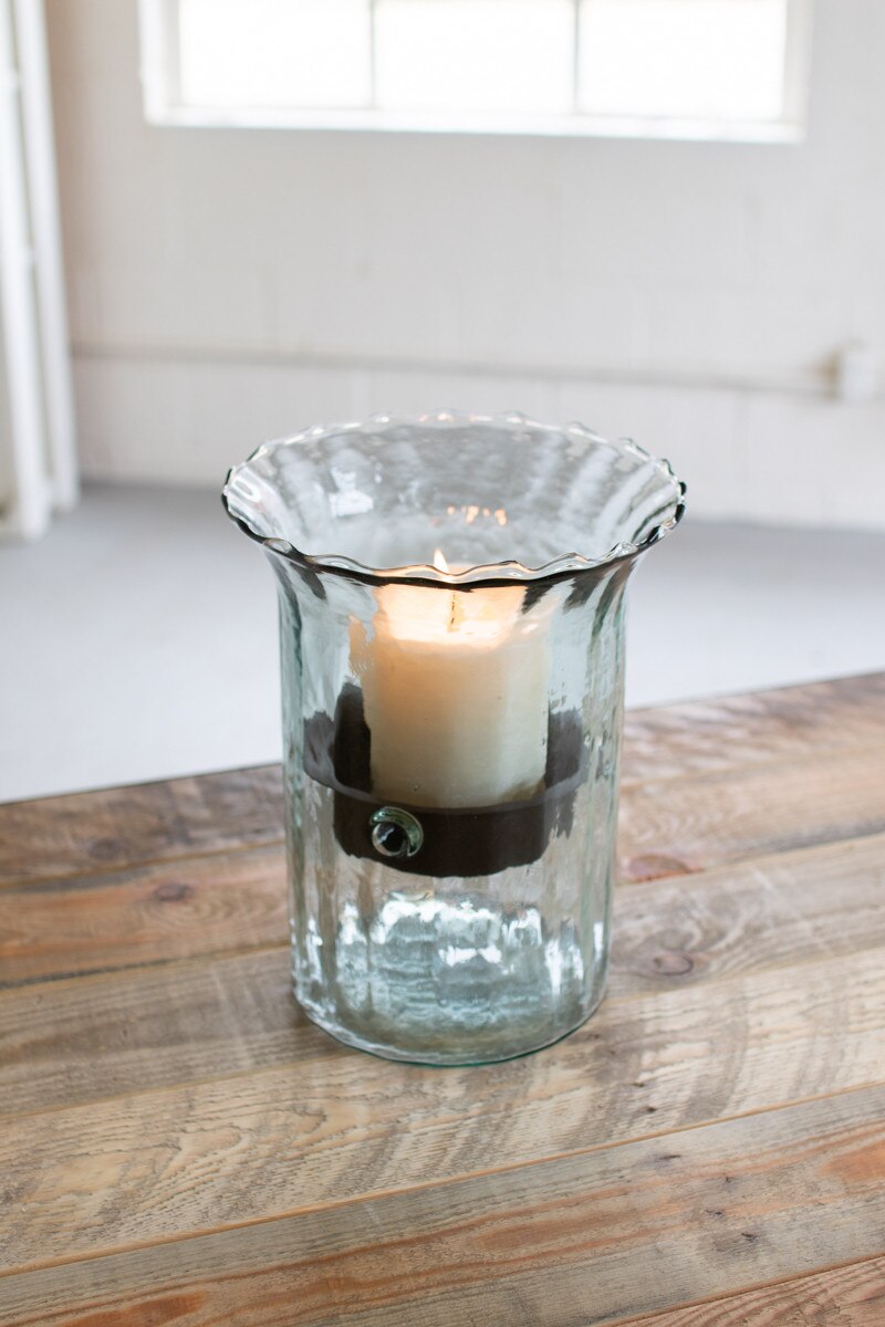 Small Ribbed Glass Candle Cylinder with Rustic Insert