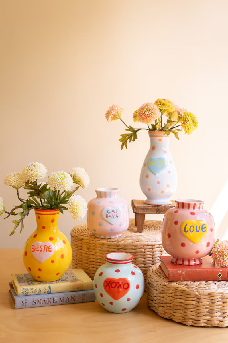 Set of 5 Ceramic Hearts with Words Vases