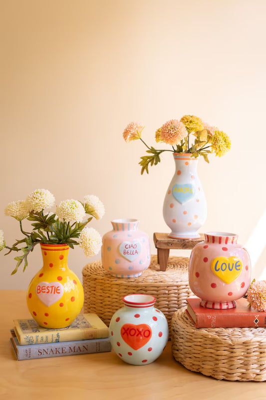 Set of 5 Ceramic Hearts with Words Vases