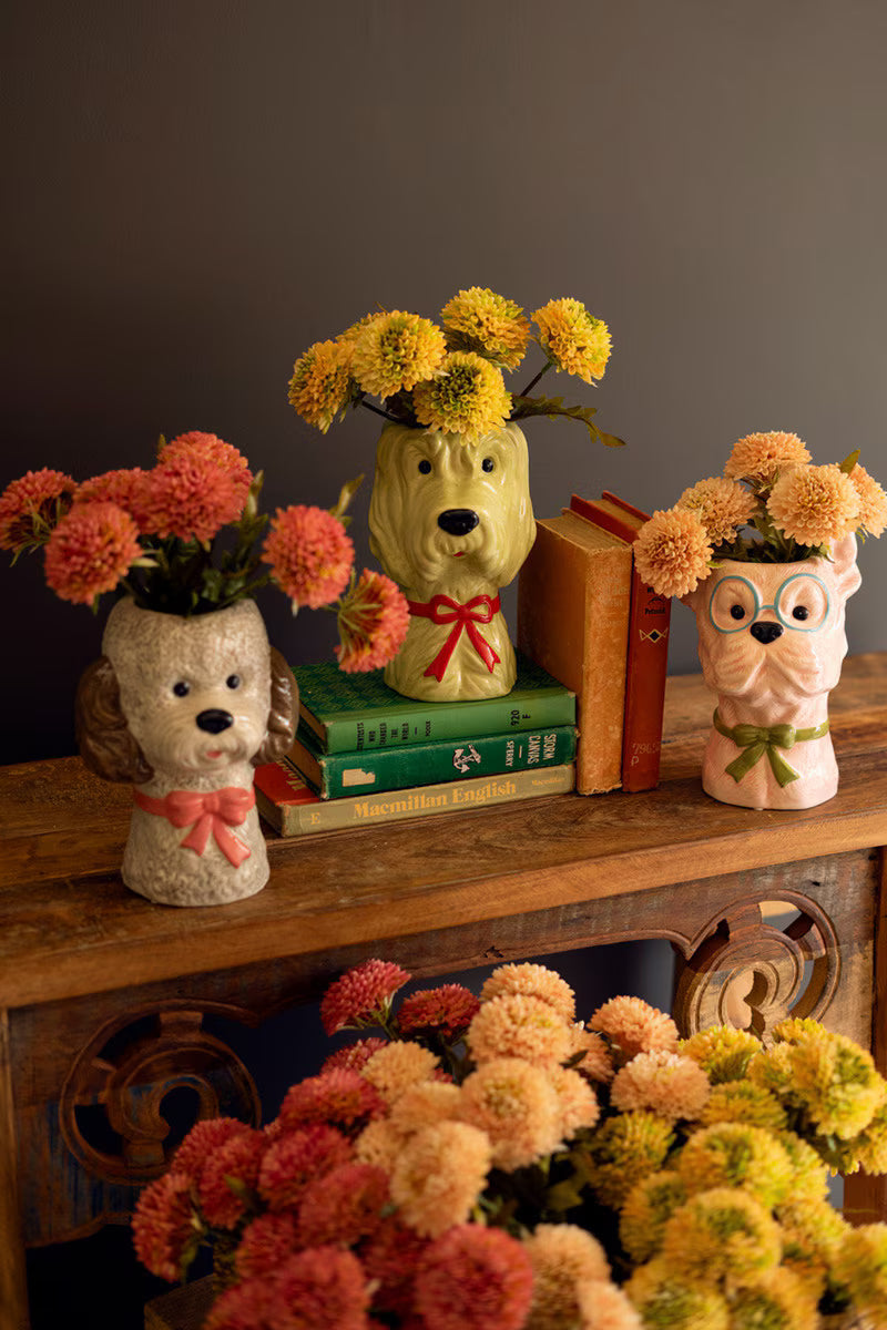 Set of 3 Ceramic Dog with Bows Vases