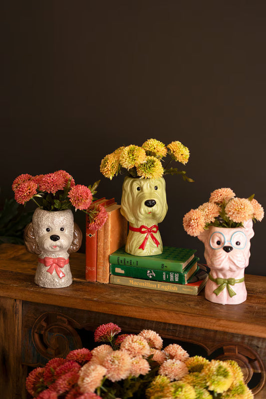 Set of 3 Ceramic Dog with Bows Vases