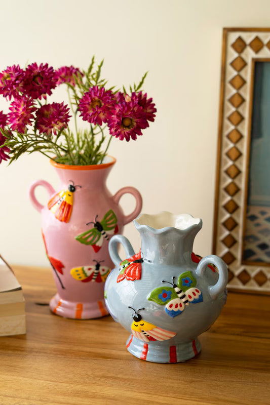 Set of 2 Ceramic Butterfly and Moth Vases
