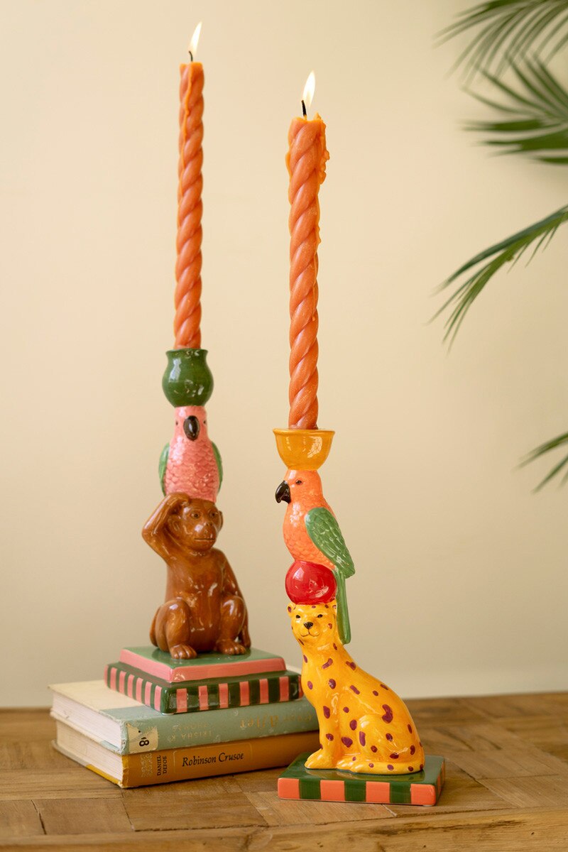 Set of 2 Ceramic Cheetah and Monkey Taper Candle Holders