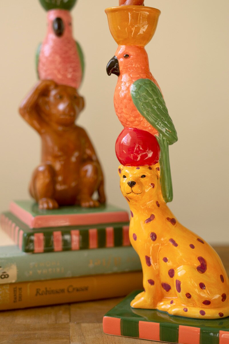 Set of 2 Ceramic Cheetah and Monkey Taper Candle Holders