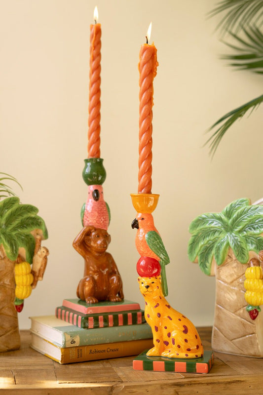 Set of 2 Ceramic Cheetah and Monkey Taper Candle Holders