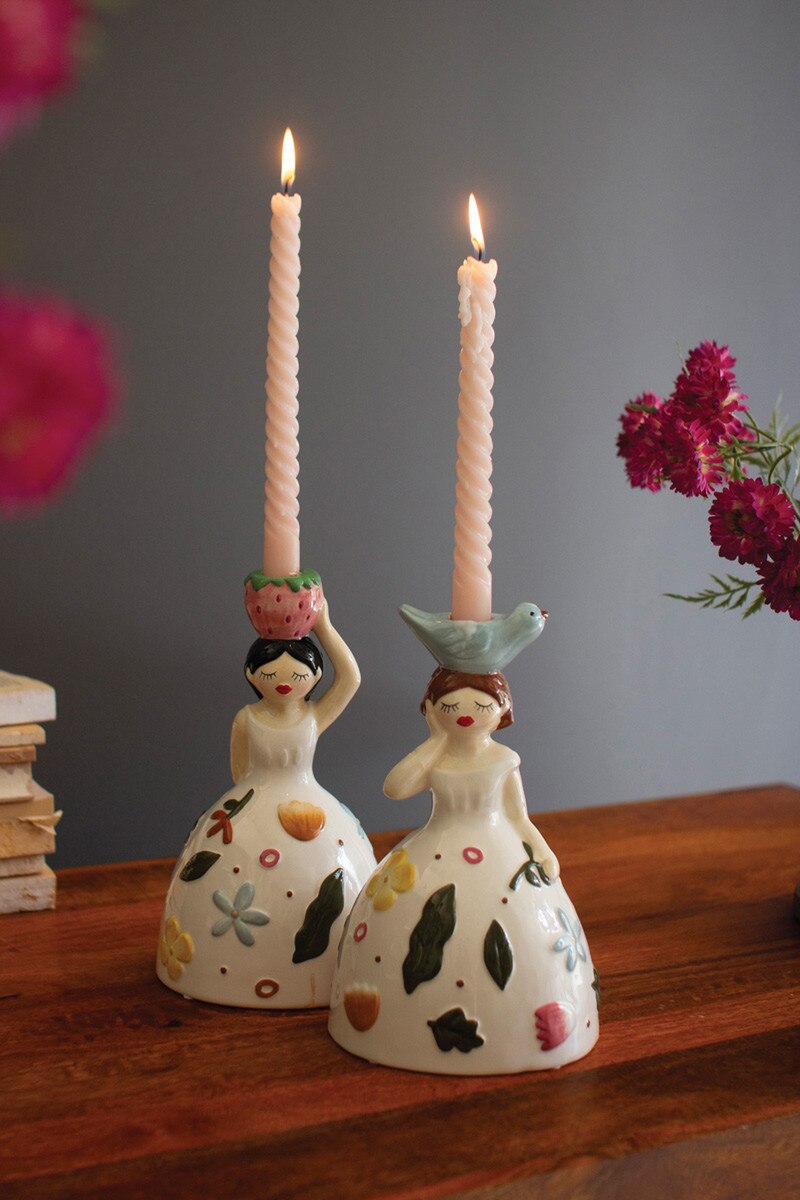 Set of 2 Ceramic Girl Taper Candle Holders