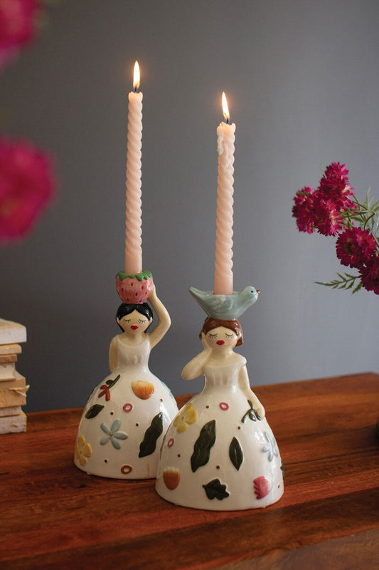 Set of 2 Ceramic Girl Taper Candle Holders