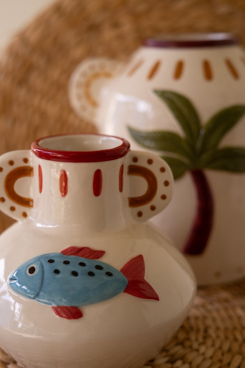Set of 2 Ceramic Fish and Palm Tree Vases