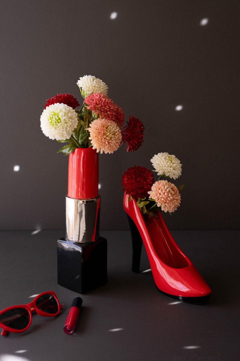 Set of 2 Ceramic Lipstick and High Heel Vases
