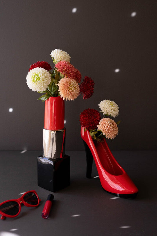 Set of 2 Ceramic Lipstick and High Heel Vases