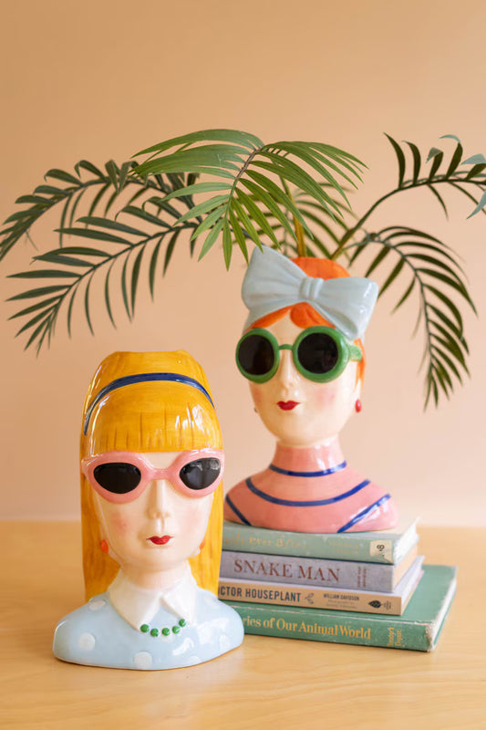 Set of 2 Ceramic Lady Vases with Sunglasses