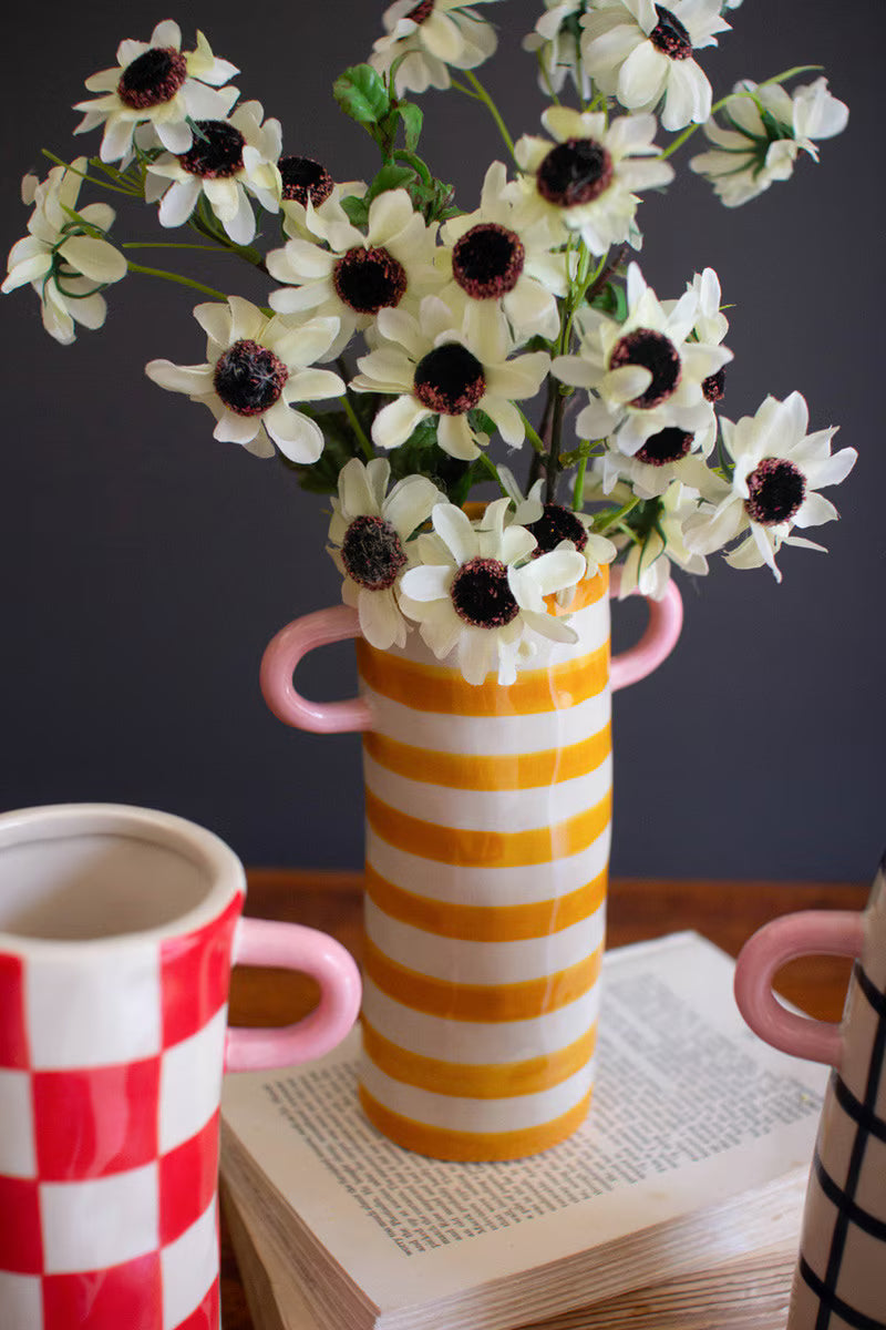 Set of 3 Patterned Ceramic Cylinder Vases with Handles