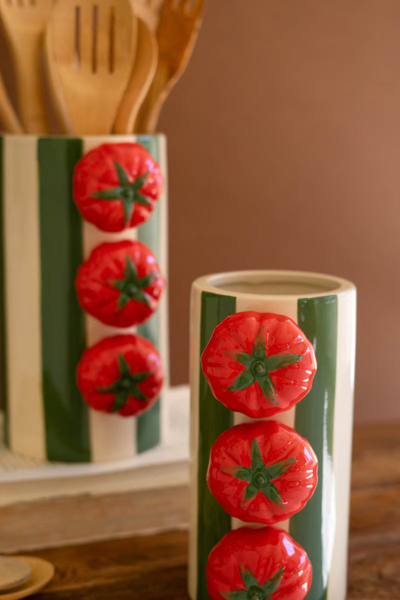 Set of 2 Ceramic Green Striped Vases with Tomatoes