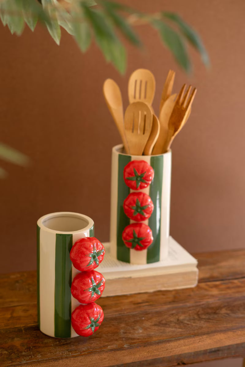 Set of 2 Ceramic Green Striped Vases with Tomatoes