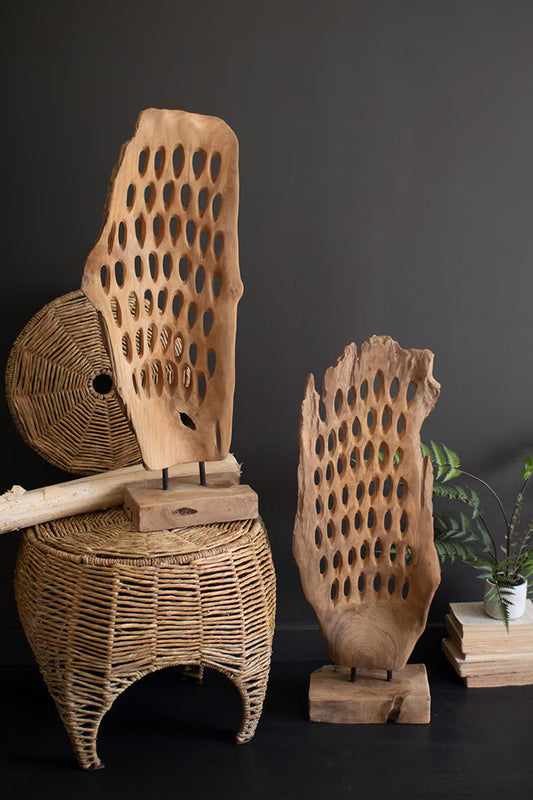 Perforated Hand-Carved Teak Wood Sculpture on a Base