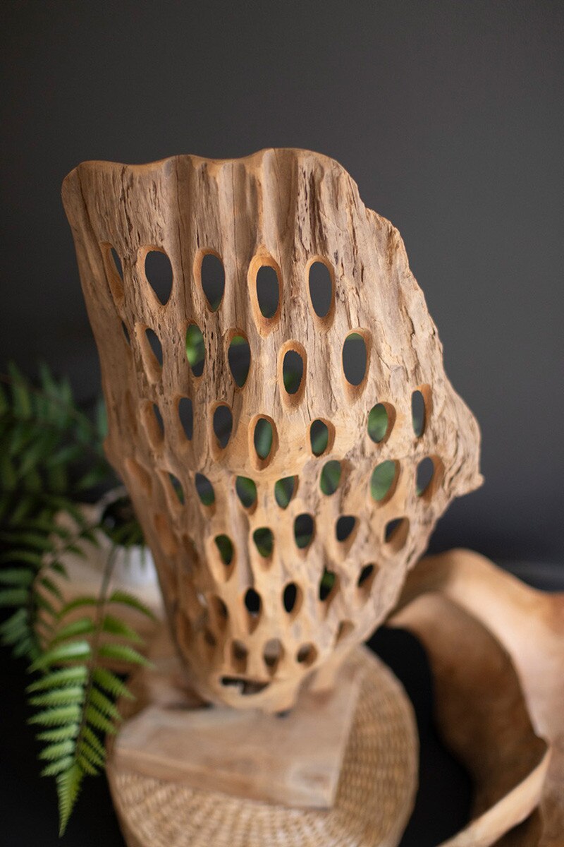 Perforated Hand-Carved Teak Wood Sculpture on a Base