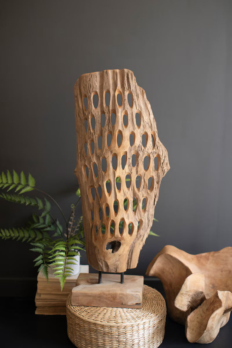Perforated Hand-Carved Teak Wood Sculpture on a Base