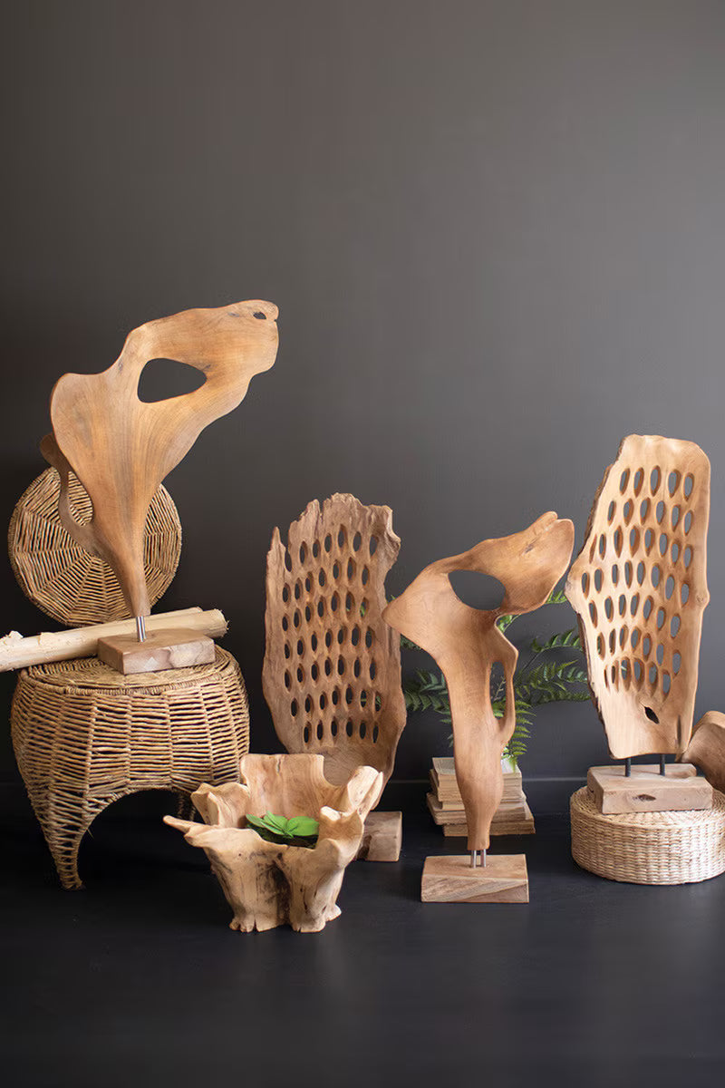 Perforated Hand-Carved Teak Wood Sculpture on a Base