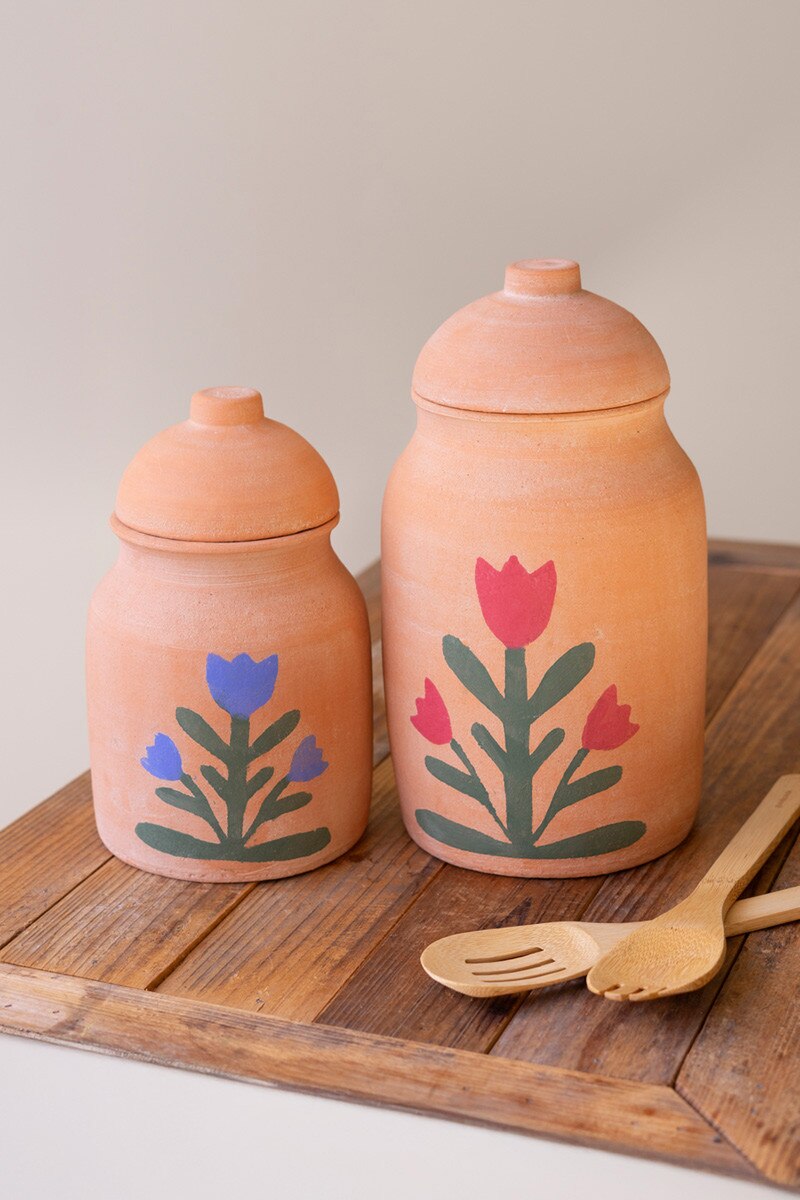 Set of 2 Clay Canisters with Painted Flower Detail