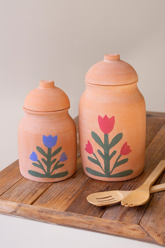 Set of 2 Clay Canisters with Painted Flower Detail