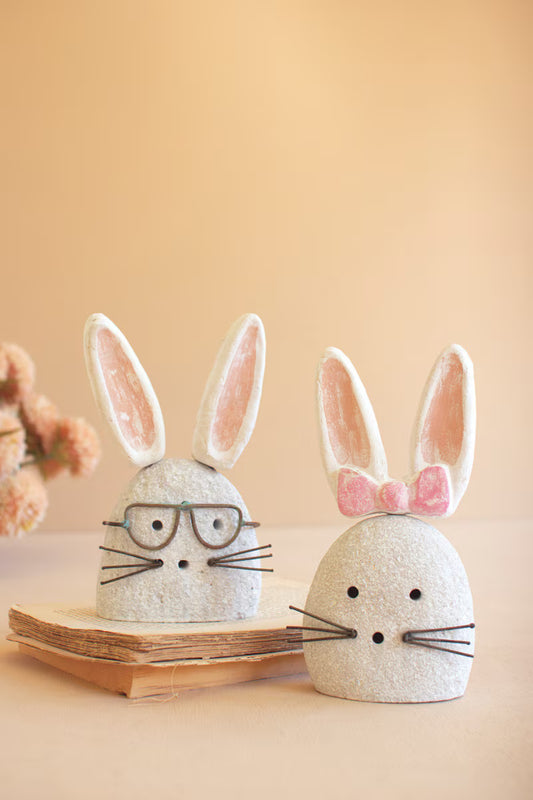 Set of 2 White-Wash Clay and River Rock Bunnies