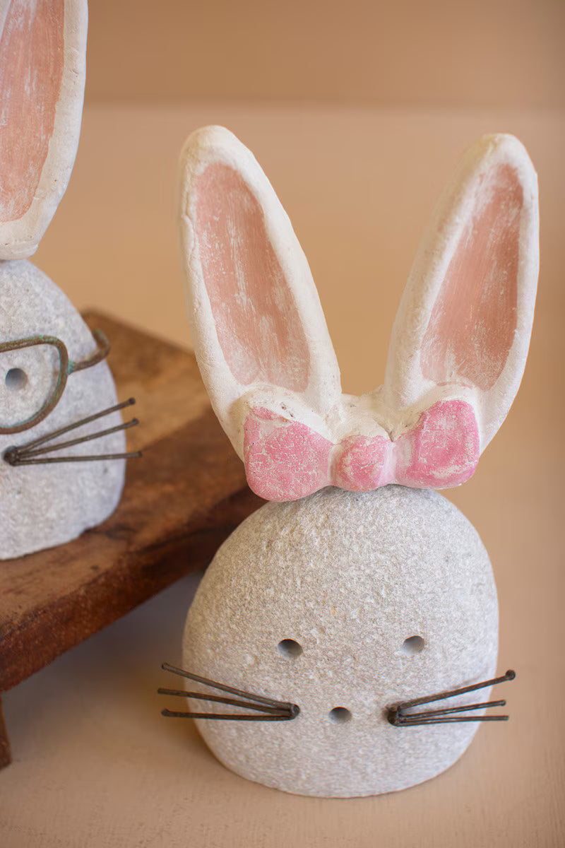 Set of 2 White-Wash Clay and River Rock Bunnies